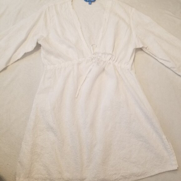 100% Cotton Resort Wear White Floral Textured Bikini Coverup Dress Women Medium - Picture 3 of 14